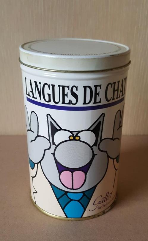 Blik Le Chat van Geluck (blik Galler – vintage), Verzamelen, Stripfiguren, Gebruikt, Gebruiksvoorwerp, Overige figuren, Ophalen of Verzenden