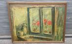 Huile sur panneau fenêtre fleurie signe René clarot, Antiek en Kunst, Ophalen of Verzenden