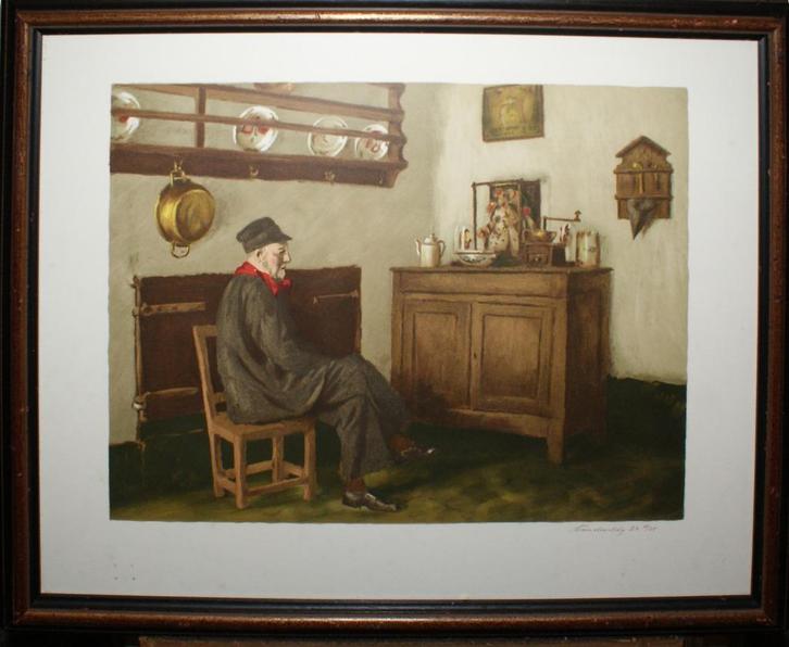 Lucien Van De Velde (1910-1997): Boereninterieur 2 (77x62cm), Antiek en Kunst, Kunst | Litho's en Zeefdrukken, Ophalen