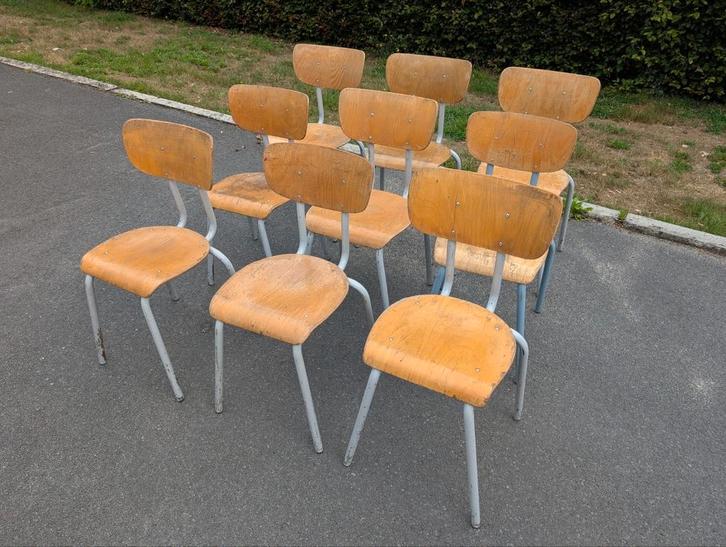 Belgische retro schoolstoelen. (Tubax, Semal), Huis en Inrichting, Stoelen, Zo goed als nieuw, Hout, Metaal, Ophalen