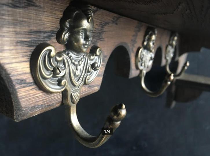 Grote antieke houten kapstok met koperen engeltjes, Maison & Meubles, Accessoires pour la Maison | Portemanteaux, Comme neuf, Enlèvement ou Envoi