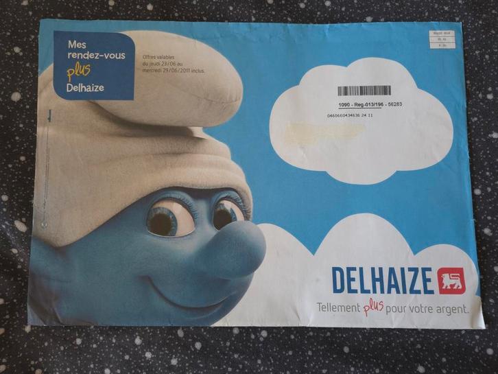 Enveloppe publicitaire Schtroumpf Delhaize, Verzamelen, Smurfen, Zo goed als nieuw, Overige typen, Overige Smurfen, Verzenden