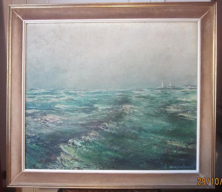 "Zeezicht met lichttorens" - Jan Van Campenhout, Antiek en Kunst, Kunst | Schilderijen | Klassiek, Ophalen