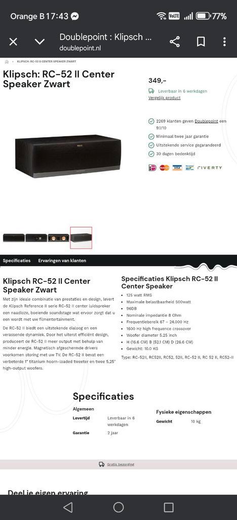 klipsch RC52ii center speaker, Audio, Tv en Foto, Home Cinema-sets, Gebruikt, Overige merken, Ophalen