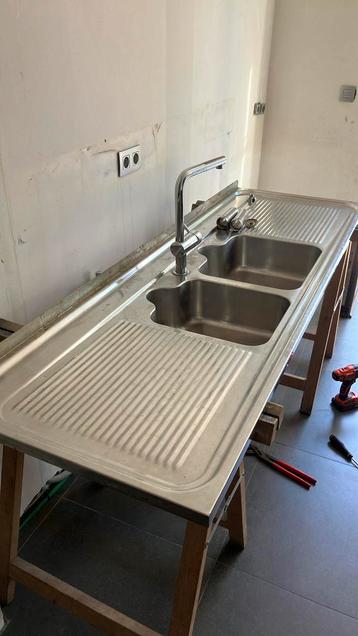 Franke aanrecht inox dubbele spoelbak & grohe kraan, Enlèvement, Utilisé, 50 à 75 cm, 150 à 200 cm