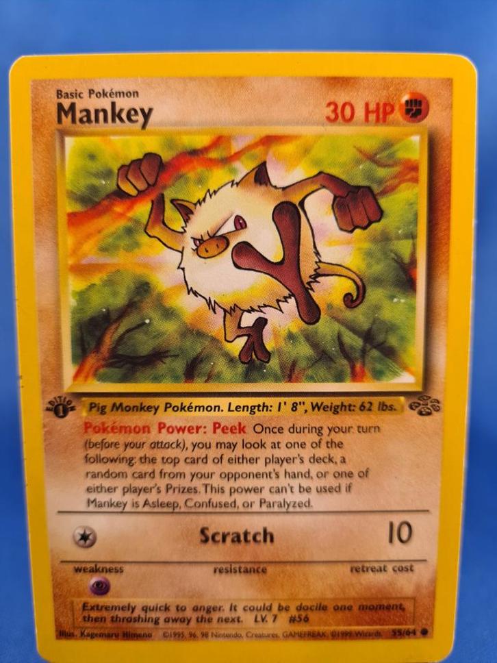 Mankey 55/64 - Jungle (1st edition), Hobby en Vrije tijd, Verzamelkaartspellen | Pokémon, Gebruikt, Verzenden
