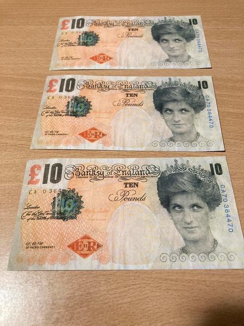 Banksy 3 billets Lady Di Fenner 10 pounds UK, Timbres & Monnaies, Billets de banque | Europe | Billets non-euro, Autres pays