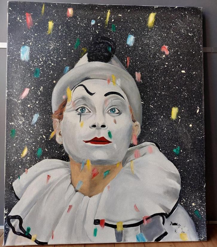 Olieverfschilderij – “Pierrot met Confetti”, Antiek en Kunst, Kunst | Schilderijen | Klassiek, Ophalen