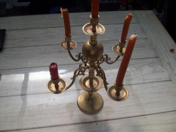 massieve geel koper kandelaar met 5 armen., Antiek en Kunst, Antiek | Brons en Koper, Koper, Ophalen of Verzenden