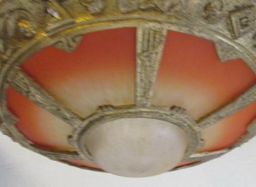 art nouveau bronzen halluster lamp pate de verre schaal, Antiek en Kunst, Antiek | Verlichting, Verzenden