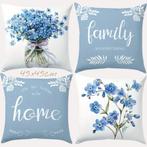 Set van 4 kussenhoezen lichtblauwe flowers met tekst 45x45cm, Huis en Inrichting, Verzenden, Nieuw, Blauw, Vierkant
