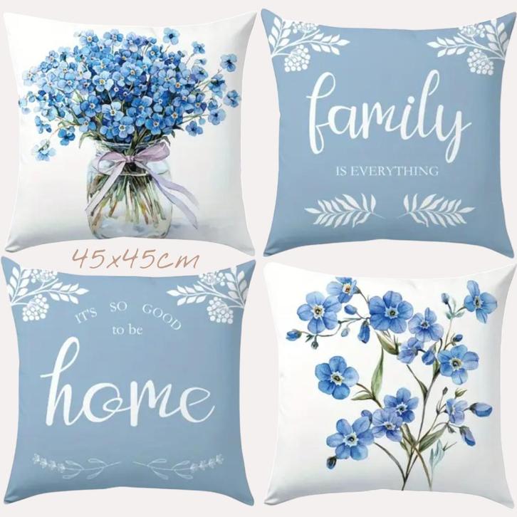 Set van 4 kussenhoezen lichtblauwe flowers met tekst 45x45cm, Huis en Inrichting, Woonaccessoires | Kussens, Nieuw, Blauw, Vierkant