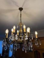 Antique Brass Chandelier with Crystal Pendants – 12 Lights, Antiek en Kunst, Ophalen