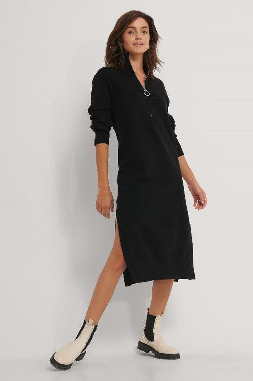 Side slit knit dress van NA-KD, Kleding | Dames, Jurken, Zo goed als nieuw, Maat 36 (S), Zwart, Onder de knie, Ophalen of Verzenden