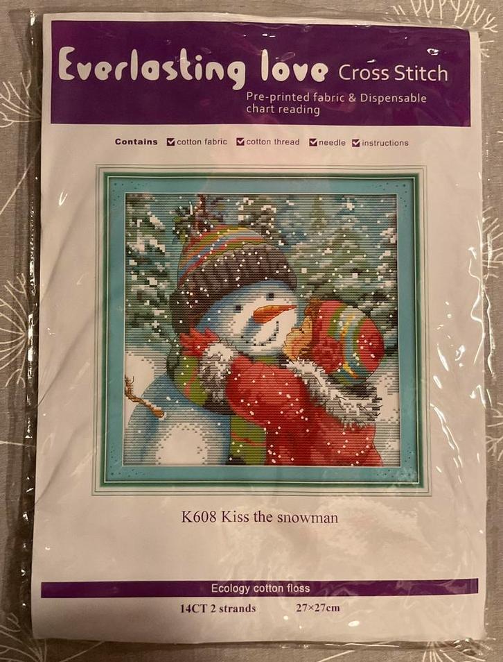 Everlasting Love voorgedrukt borduurpakket Kiss the snowman, Hobby en Vrije tijd, Borduren en Borduurmachines, Zo goed als nieuw