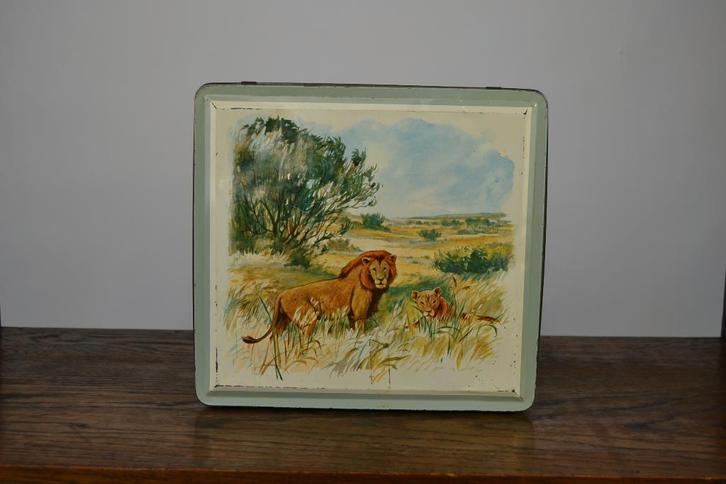 Blikken doos Van Melle biscuits met Leeuwen, Verzamelen, Blikken, Gebruikt, Koek(jes), Overige merken, Ophalen of Verzenden