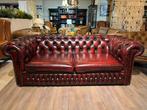 originele chesterfield 3 Zits bank antiek rood leer zetel, Antiek en Kunst, Ophalen of Verzenden