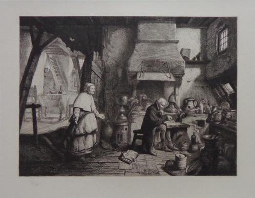 BELGISCHE SCHOOL / INTERIEURSCENE / ZW-W GRAVURE / 45x63cm, Antiek en Kunst, Kunst | Etsen en Gravures, Ophalen of Verzenden