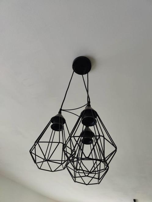 Industriële hanglamp – 3-lamps – zwart draadstaal, Huis en Inrichting, Lampen | Hanglampen, Zo goed als nieuw, 50 tot 75 cm, Metaal