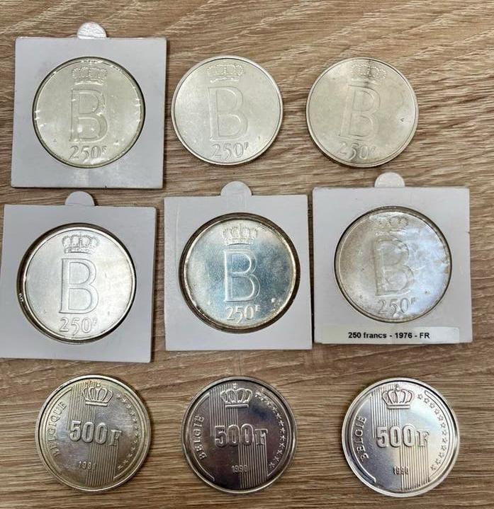 9 stuks Belgische .835 zilver munten, Ophalen, Zilver