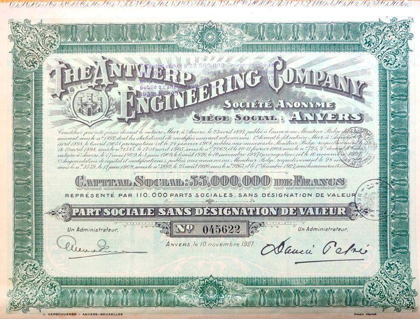The Antwerp Engineering Company 1927, Postzegels en Munten, Aandelen en Waardepapieren, Ophalen of Verzenden, 1920 tot 1950, Aandeel