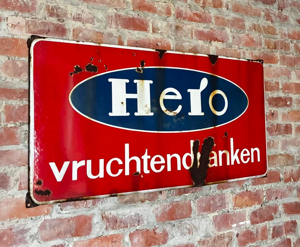 Assiette en émail - Hero Fruit Drinks - Langcat Bussum, Enlèvement ou Envoi, Utilisé, Panneau publicitaire