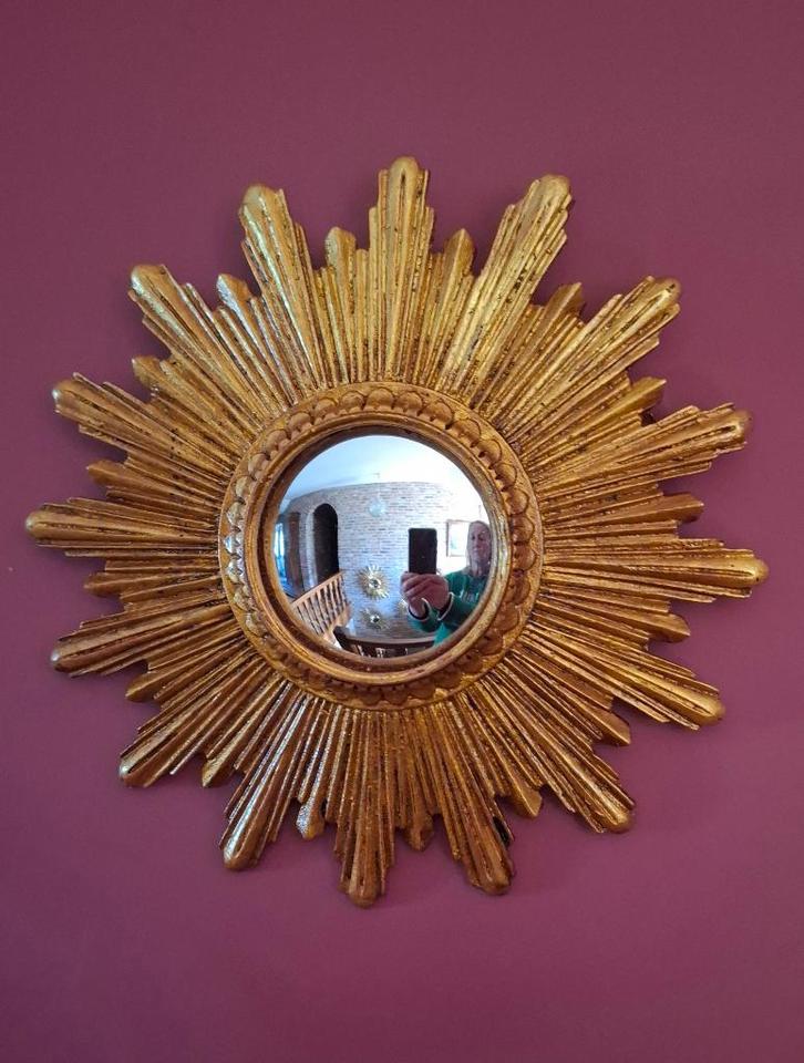 vintage zonnespiegel - bolle spiegel, Antiek en Kunst, Antiek | Spiegels, Minder dan 50 cm, Minder dan 100 cm, Rond, Ophalen of Verzenden