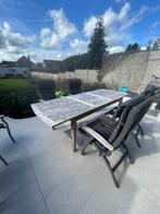 Terras tafel teakhout en 4 stoelen met kussens, Ophalen, 4 zitplaatsen, Gebruikt, Eettafel