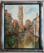 Poussin gesigneerd.Olieverf op paneel.Het Belfort in Brugge., Antiquités & Art, Art | Peinture | Classique, Envoi