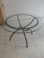 tafel met glazen blad en smeedijzeren onderstel, Huis en Inrichting, Tafels | Salontafels, Ophalen, Rond, Zo goed als nieuw, 75 cm of meer