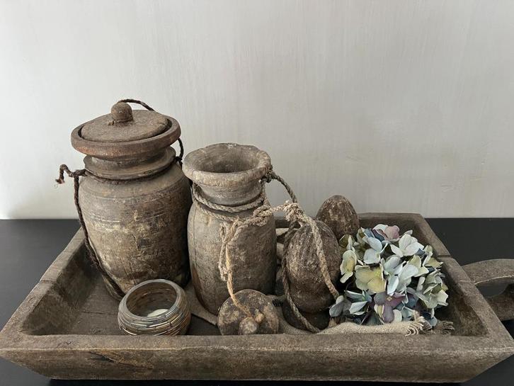 Authentieke houten Nepalese kruiken, Huis en Inrichting, Woonaccessoires | Overige, Gebruikt, Ophalen of Verzenden