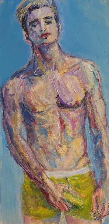 Mooi schilderij van een stoere jongeman - Steven Dag beschikbaar voor biedingen