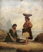 Vissersvrouwen aan zee/ 19e eeuwse schilderij/gesigneerd en, Verzenden