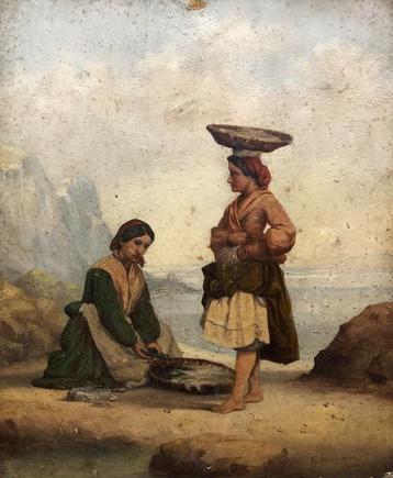 Vissersvrouwen aan zee/ 19e eeuwse schilderij/gesigneerd en 