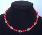 Ketting van rood natuursteen met strassbedels, Verstelbaar, Verzenden, Nieuw, Steen of Mineraal
