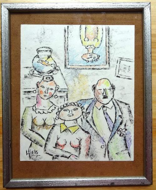 Ludo Giels, gt, gezinsportret, 24 x 20 cm, Antiek en Kunst, Kunst | Schilderijen | Modern, Ophalen of Verzenden