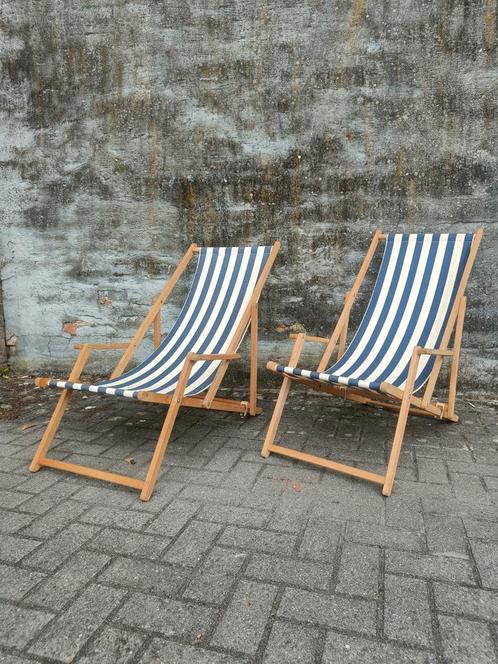 Set van 2 strandstoelen - gestreept - Inklapbaar - hout, Caravans en Kamperen, Kampeermeubelen, Zo goed als nieuw, Campingstoel