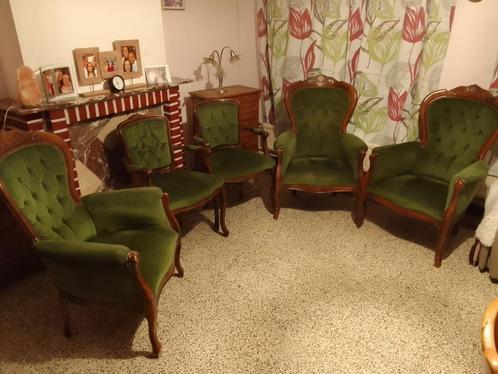 SET VAN 3 FAUTEUILS +1 STOEL MET ARMLEUNINGEN, Huis en Inrichting, Fauteuils, Gebruikt, Hout, Stof, Ophalen