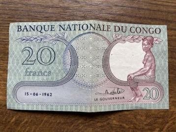 Wetsvoorstel 20 francs Belgisch Congo 1962, uitstekende cond