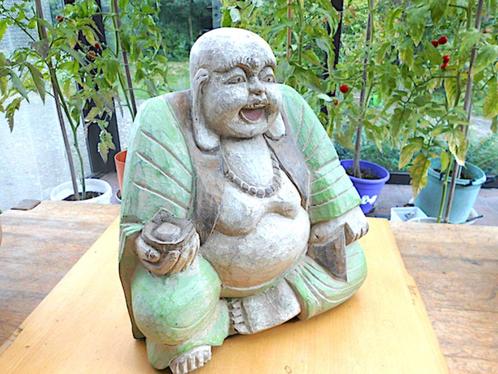 Lachende Maitreya Buddha beeld in hout / 34 x 30 cm, Huis en Inrichting, Woonaccessoires | Boeddhabeelden, Ophalen of Verzenden
