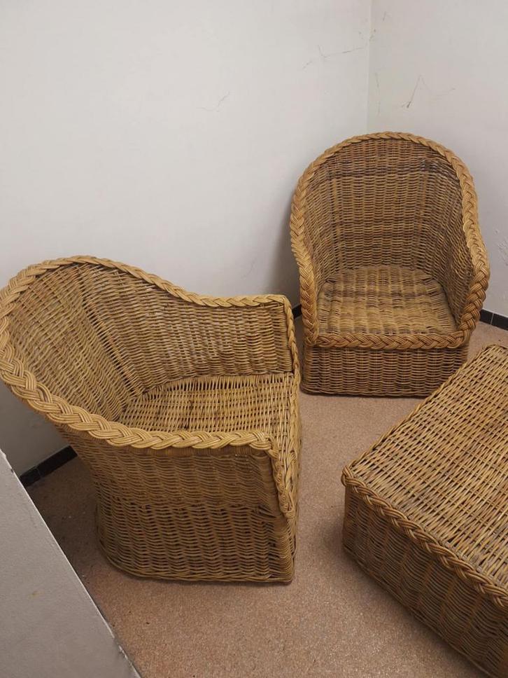 Salon en osier–4 pièces 2 fauteuils, 1 canapé, 1 table basse, Tuin en Terras, Tuinstoelen, Gebruikt, Wicker, Ophalen
