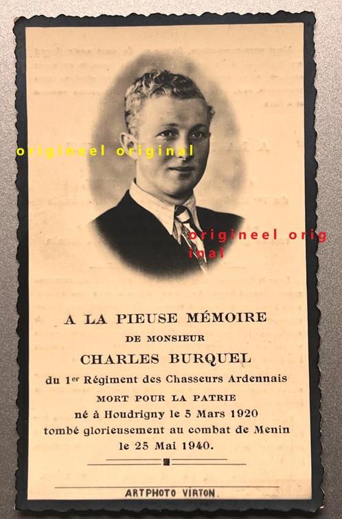 ABB 1e regiment chasseurs Ardennais 25 mei 1940 Menin, Verzamelen, Militaria | Tweede Wereldoorlog, Landmacht, Overige typen, Ophalen of Verzenden