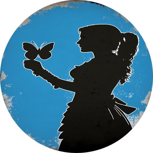 Banksy vrouw vlinder Muurcirkel 60x60 metaal + Ophangsysteem, Huis en Inrichting, Woonaccessoires | Schilderijen, Tekeningen en Foto's