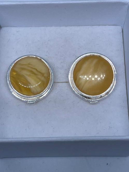 Prachtige zilveren oorbellen met antiek Amber, Bijoux, Sacs & Beauté, Boucles d'oreilles, Neuf, Puces ou Clous, Argent, Jaune