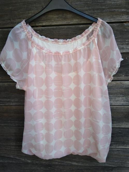 Lichtroze en Wit Bloesje (Bollen) In Maat 42, Kleding | Dames, Blouses en Tunieken, Zo goed als nieuw, Maat 42/44 (L), Roze, Ophalen of Verzenden