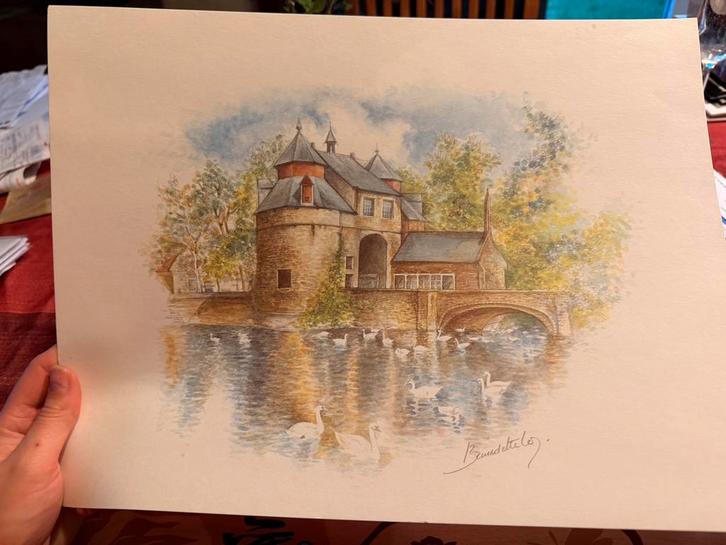 Aquarelle signée A3 paysage avec cygnes   murale vintage, Antiquités & Art, Art | Peinture | Classique, Enlèvement ou Envoi