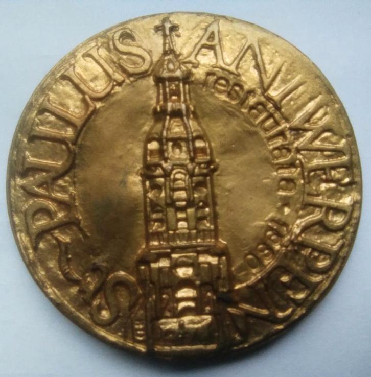 medaille 1980 antwerpen restauratie sint pauluskerk, Postzegels en Munten, Penningen en Medailles, Overige materialen, Ophalen of Verzenden