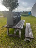 Terrastafel Teak + bank + 3 stoelen, Gebruikt, Ophalen of Verzenden
