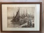 Ets, gravure van Jef Codron. Haven, boten en vissers., Antiek en Kunst, Ophalen of Verzenden