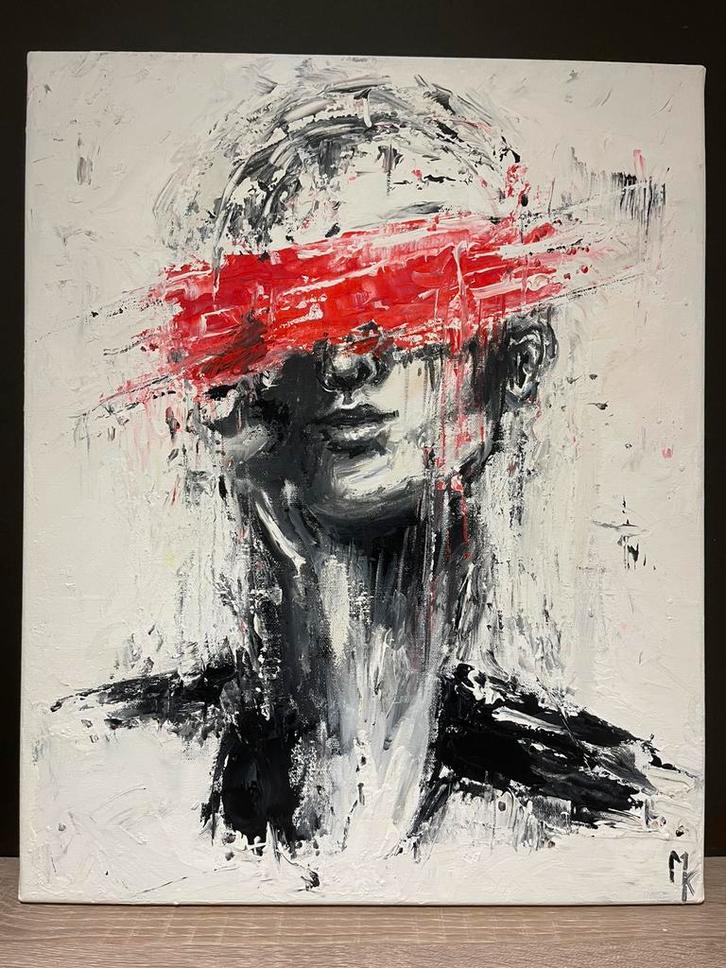 Peinture abstraite avec accent rouge - Mk Art, Antiquités & Art, Art | Peinture | Abstraite, Enlèvement ou Envoi